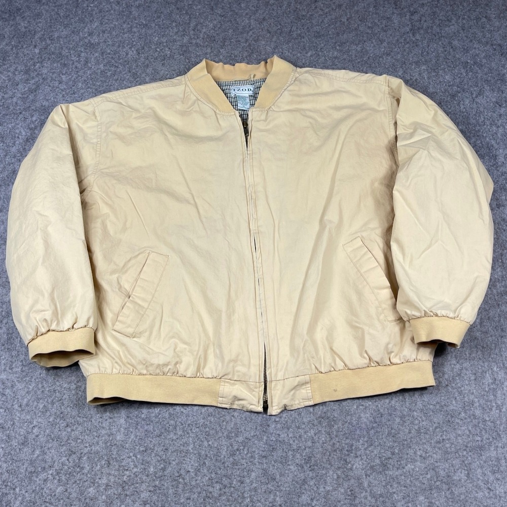 Izod Mens Harrington Bomber Jacket Tan Beige Plaid Lined Full Zip XL PO-250 393